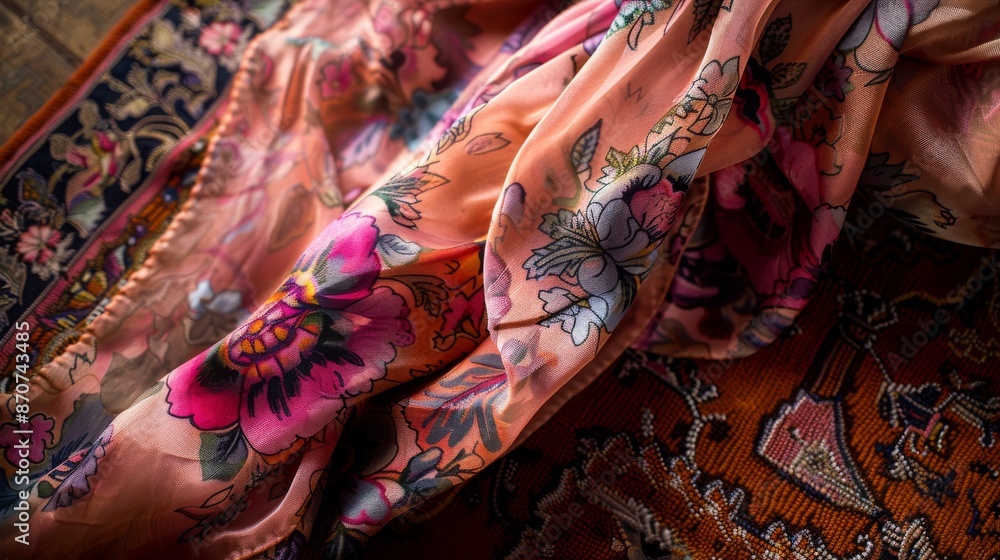 Fototapeta premium Elegantly Draped Floral Fabric on Traditional Carpet Surface