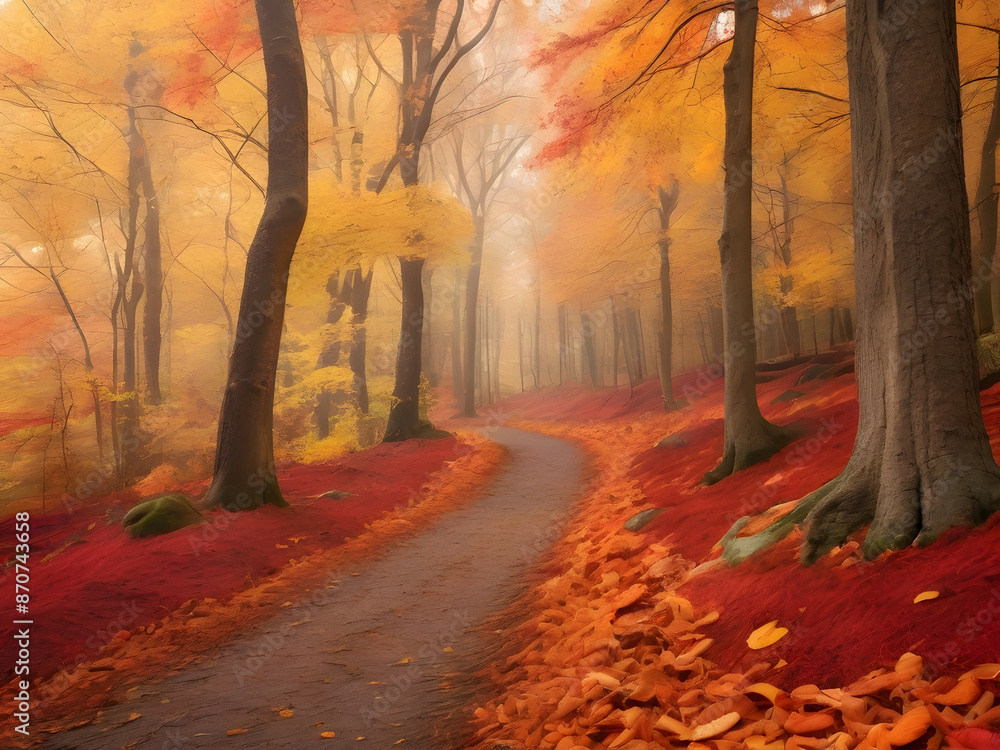 Fototapeta premium landscape photography style, A vibrant autumn forest with a pathway covered in fallen leaves, trees displaying a spectrum of reds, oranges, and yellows, and a gentle breeze rustling the foliage