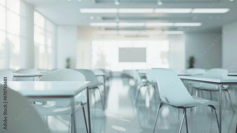 Fototapeta premium An empty, modern classroom featuring white chairs and tables, ready for students, symbolizing education and learning.