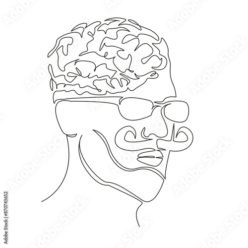 One continuous single drawing line art flat doodle head with brains, convolutions, thoughts, think, comprehension, glasses, mustache, fashion. Isolated image hand draw contour on a white background