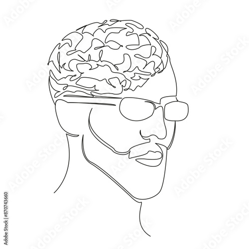 One continuous single drawing line art flat doodle head with brains, convolutions, thoughts, think, glasses, mind. Isolated image hand draw contour on a white background
