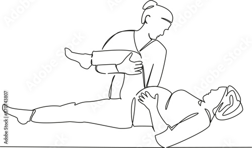 One continuous single drawing line art flat doodle  Osteopathic doctor helps a pregnant woman give a massage. Isolated image hand draw contour on a white background
