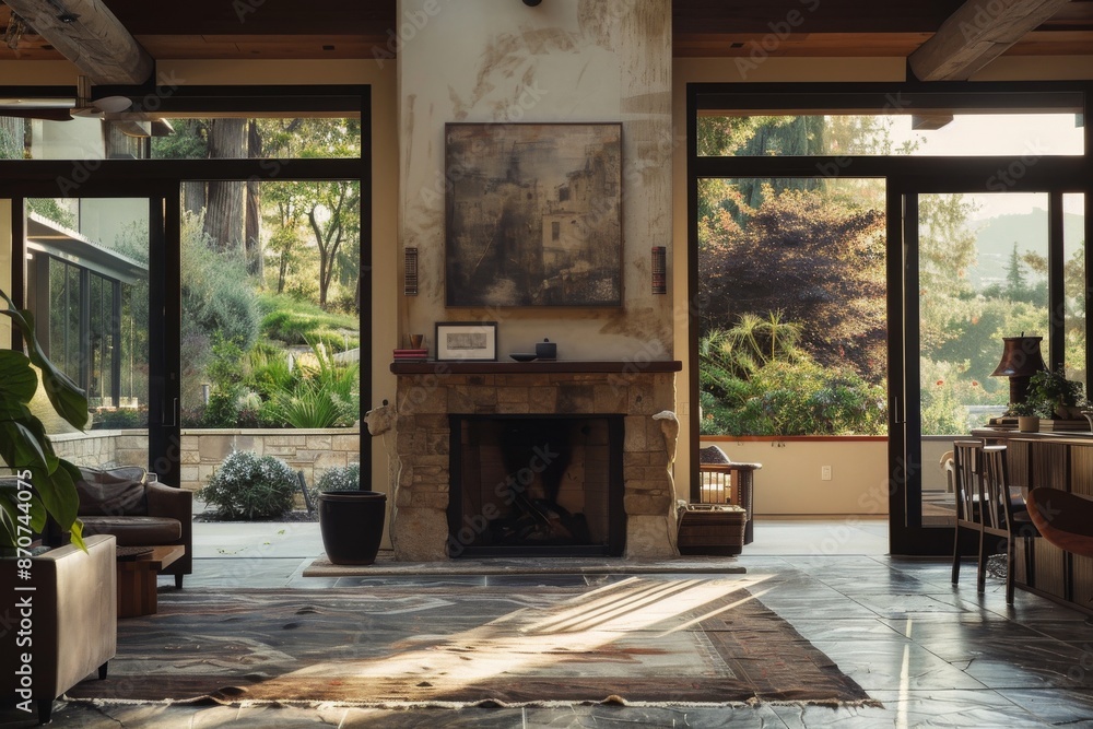 Luxury interior design of a house with a fireplace and plants Luxury interior design of a house with a fireplace and plants