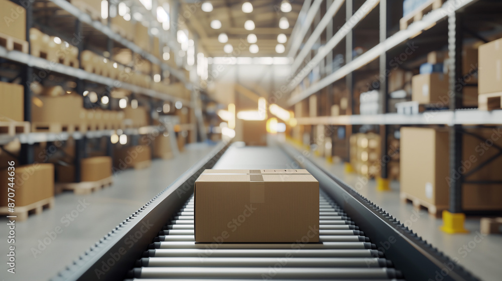 Conveyor belt streamlines cardboard box delivery in warehouse Conveyor belt streamlines cardboard box delivery in warehouse