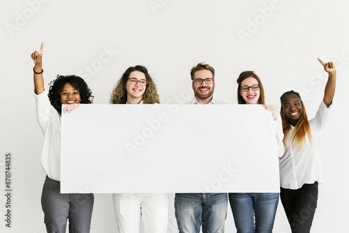 A cheerful group of young people holding a large blank white poster, ready for customization.