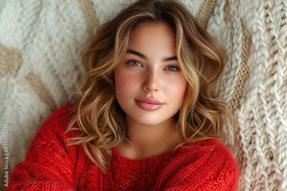Happy young woman in red sweater with natural makeup, beautiful face Happy young woman in red sweater with natural makeup, beautiful face