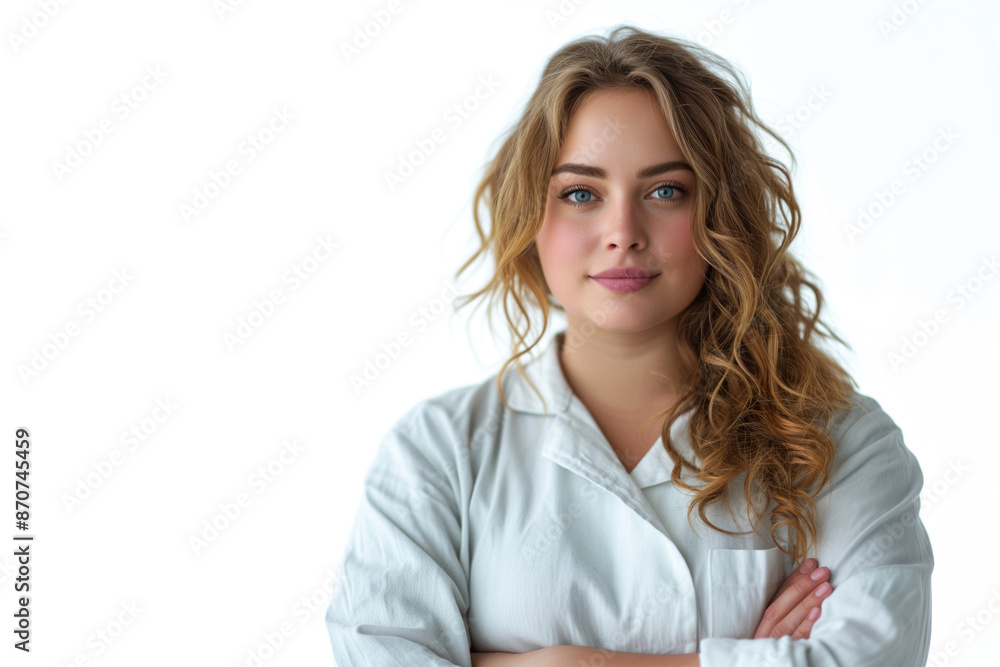 Happy blonde plus size model isolated on white background, fat woman with chubby face Happy blonde plus size model isolated on white background, fat woman with chubby face