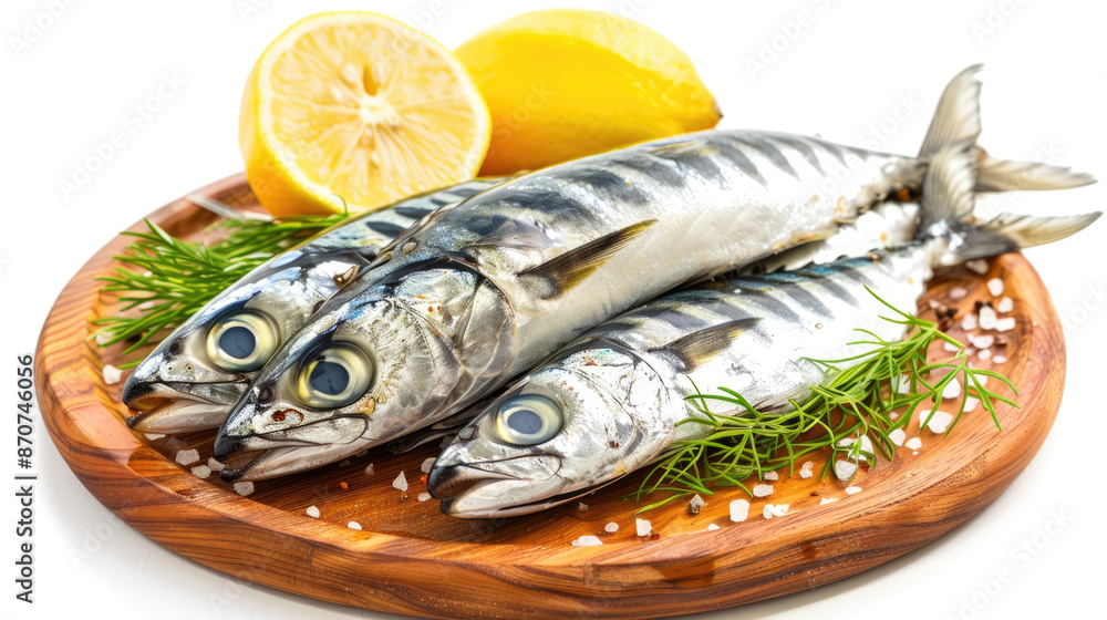 Mackerels fish with lemon isolated on white background Mackerels fish with lemon isolated on white background