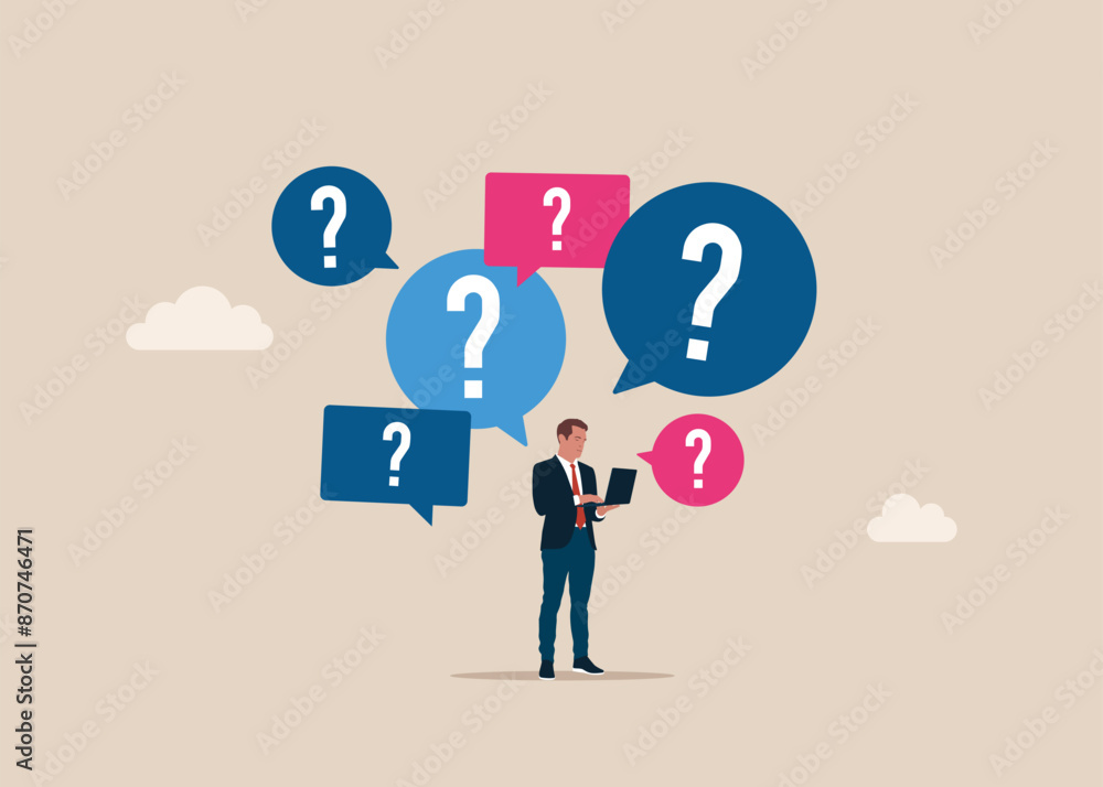 Thoughtful businessman working device. Flat vector illustration Thoughtful businessman working device. Flat vector illustration
