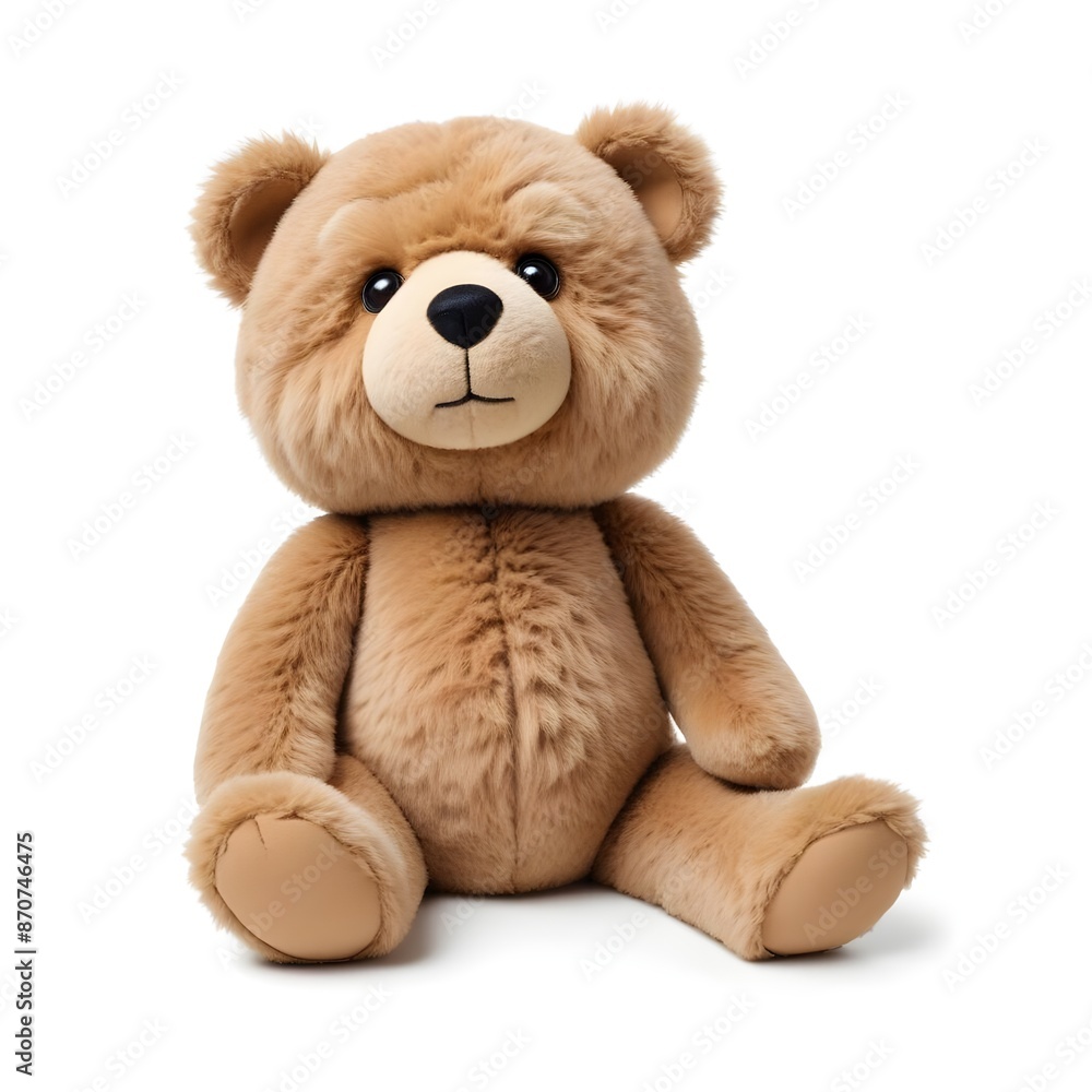 Obraz premium A fluffy brown teddy bear with black eyes and a simple facial expression, sitting on a white background