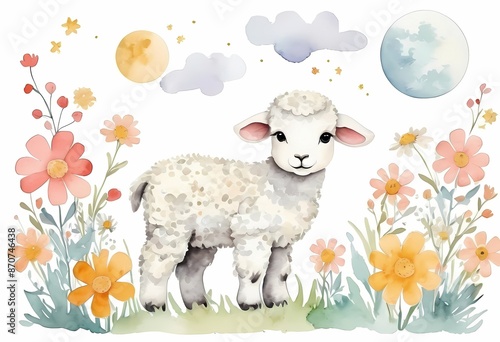 Watercolor Cute Baby Valais Lamb generative AI illustration