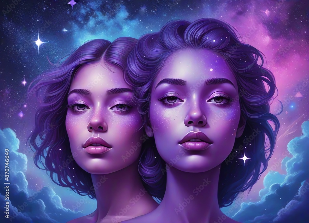 A surreal illustration featuring two stylized faces of two young women A surreal illustration featuring two stylized faces of two young women