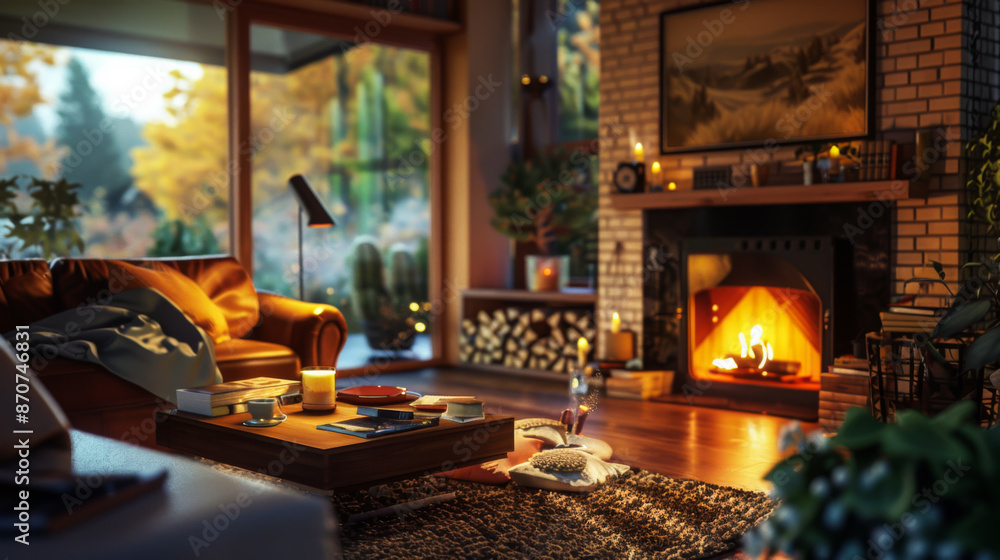 Cozy living room interior with fireplace and comfortable furniture. The concept of design and interior, comfort. Cozy living room interior with fireplace and comfortable furniture. The concept of design and interior, comfort.