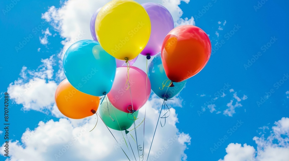 a bunch of balloons floating in the air on a sunny day with a blue sky and clouds behind them.. a bunch of balloons floating in the air on a sunny day with a blue sky and clouds behind them..