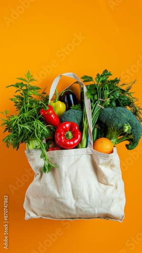 A tote bag filled with fresh vegetables and fruits against an orange background, healthy eating concept