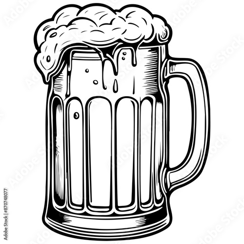 beer mug black hand drawn line illustration, transparent background