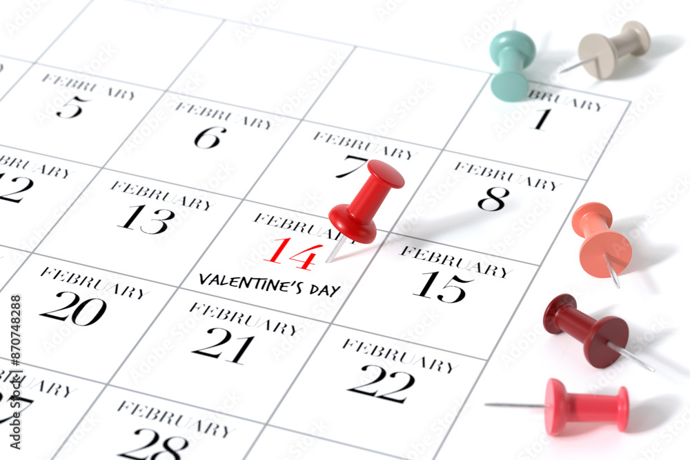 Calendar with Red Pushpin. Valentine's Day Using White Background. 3d Rendering