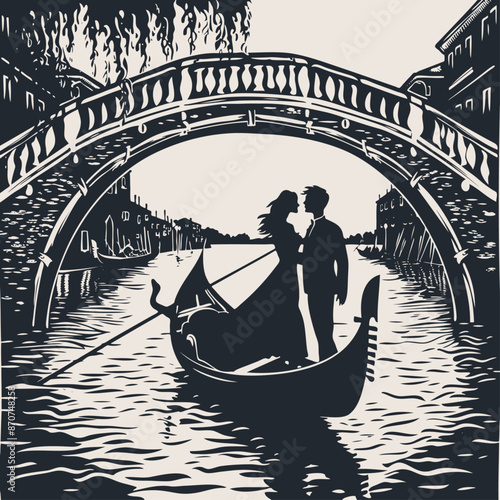 Couple in love on a gondola in Venice, vector illustration