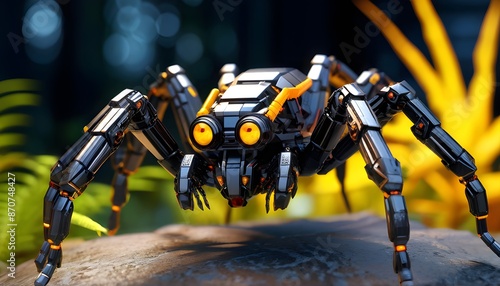 Futuristic robotic spider on a rock in vibrant, natural forest environment. Generative AI