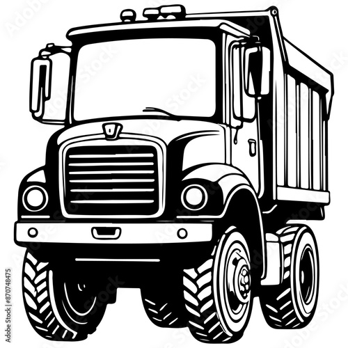 cartoon dump truck vintage hand drawn line illustration, transparent background