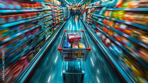Speeding Shopping Cart in Supermarket Aisle - Generative AI photo
