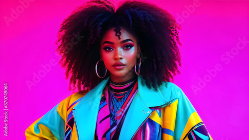 Gen-z beautiful black Afro American fashionable female, wearing neon stylish clothes, retro style in the style of vaporwave fashion