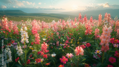 Beautiful Wildflower Meadow at Sunset - Generative AI