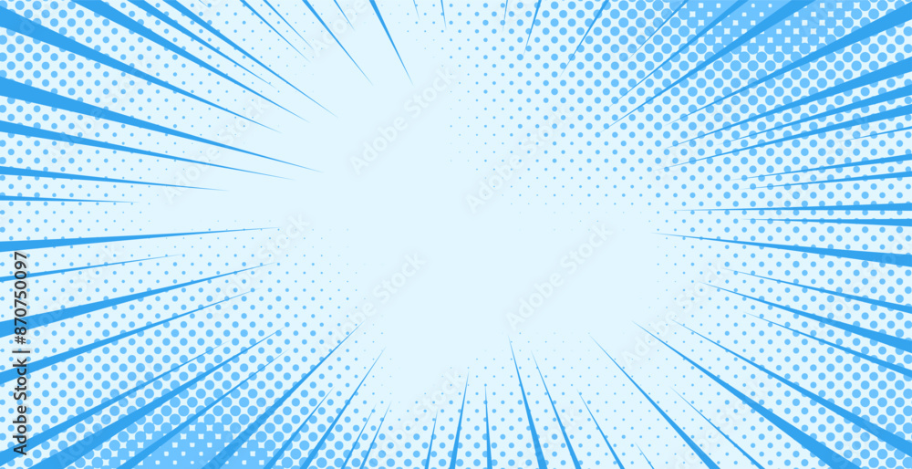 Obraz premium Pop art comic blue background with halftone, rays, gradient. Vector cartoon illustration in retro style. Design for comic book, poster, banner