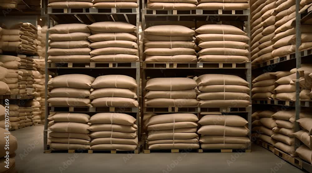 Stacks of sacks in a large, neatly arranged warehouse Stacks of sacks in a large, neatly arranged warehouse
