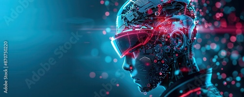 The fusion of man and machine in a digital realm adorned with glass