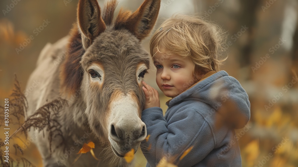 Fototapeta premium A young boy gently touches a donkey's face, sharing a moment of connection in a serene autumn setting.