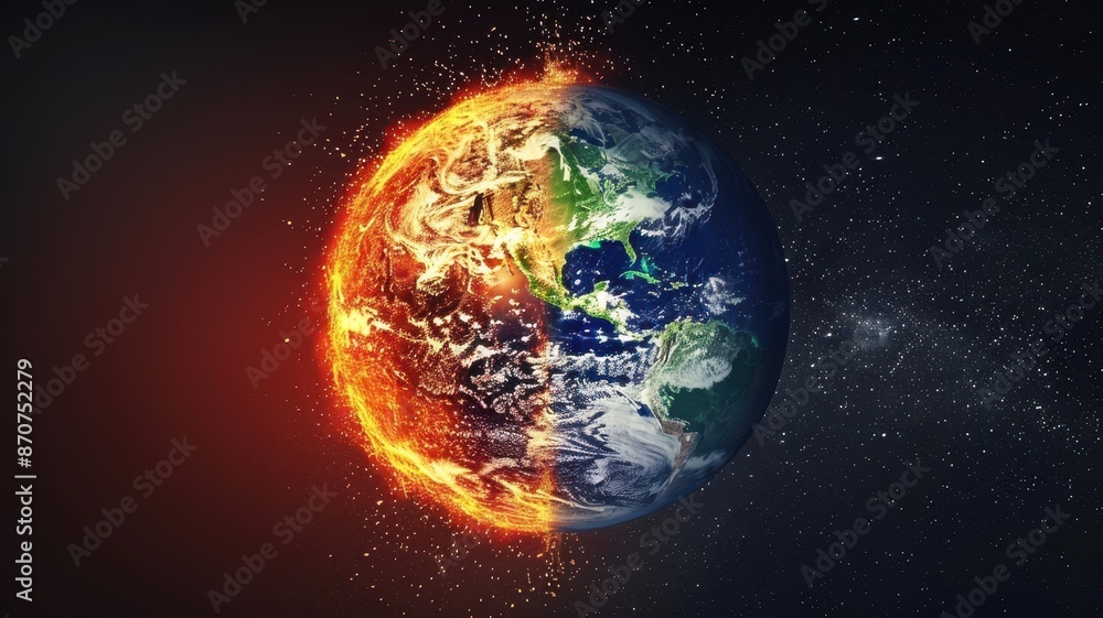 Fototapeta premium Dramatic image depicting Earth's split between fiery destruction and vibrant life, highlighting climate change impacts.
