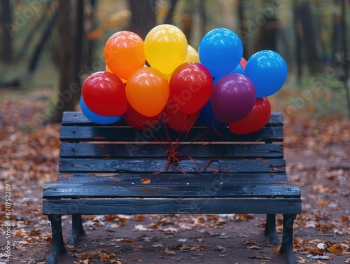 A colorful bunch of balloons tied to a park bench, Ultra HD clarity. photo