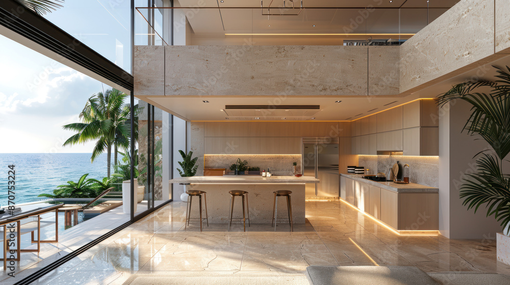 Obraz premium Modern minimalist kitchen interior design with ocean view. Open concept kitchen with large windows and island, featuring contemporary furniture, marble countertops, and warm lighting. Luxurious home d