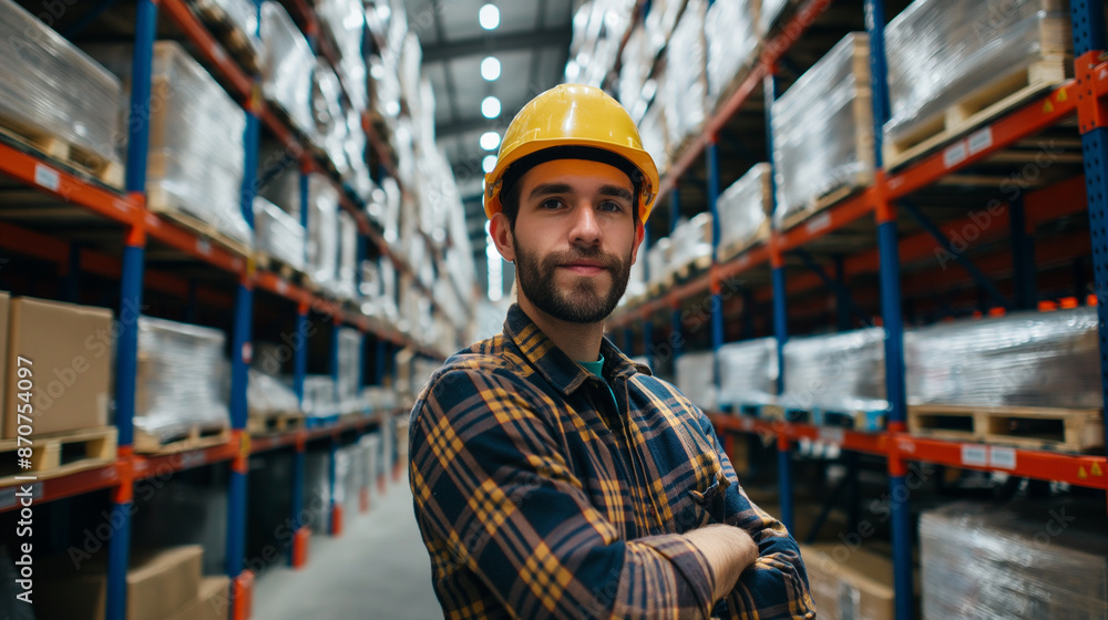 portrait of a Warehouse worker, man standing in a warehouse looking at camera, logistics shipping business portrait of a Warehouse worker, man standing in a warehouse looking at camera, logistics shipping business