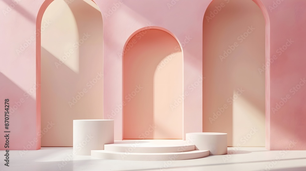 Minimalist Pink Archway with White Podium for Product Display Minimalist Pink Archway with White Podium for Product Display