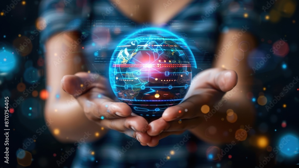 Fototapeta premium Hands holding a glowing digital globe, symbolizing global technology, connections, and innovative digital solutions.