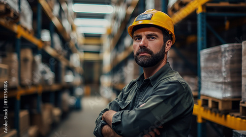 portrait of a Warehouse worker, man standing in a warehouse looking at camera, logistics shipping business 