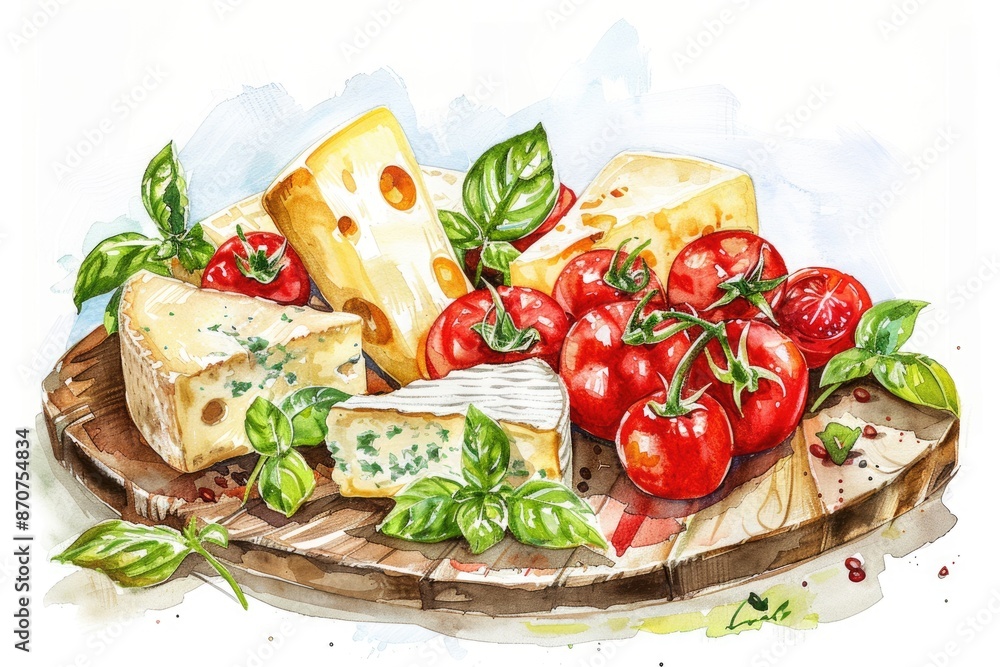 Artistic Composition: Assorted Cheeses with Tomato and Basil on White Background Artistic Composition: Assorted Cheeses with Tomato and Basil on White Background