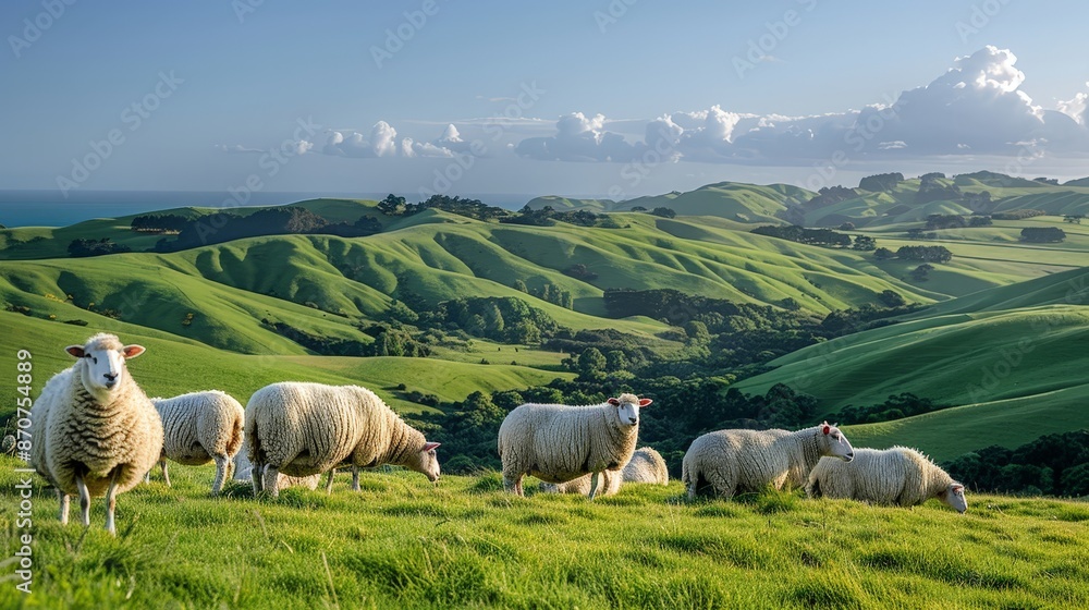 A flock of sheep grazing on a verdant hillside, with rolling hills and a clear blue sky, midday light A flock of sheep grazing on a verdant hillside, with rolling hills and a clear blue sky, midday light