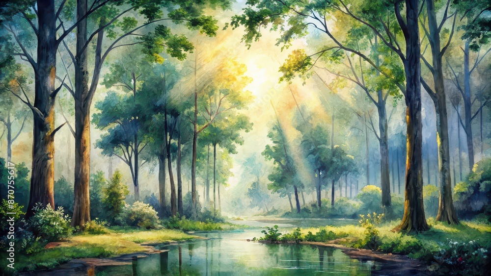 A forest path with a sun shining through the trees A forest path with a sun shining through the trees