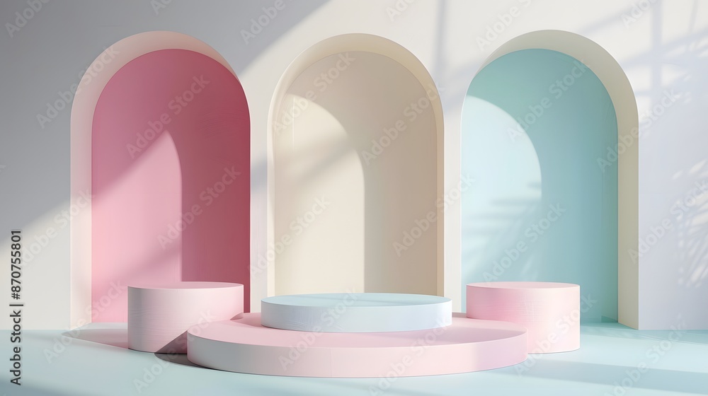 Pastel Colored Podium with Arched Background. Pastel Colored Podium with Arched Background.