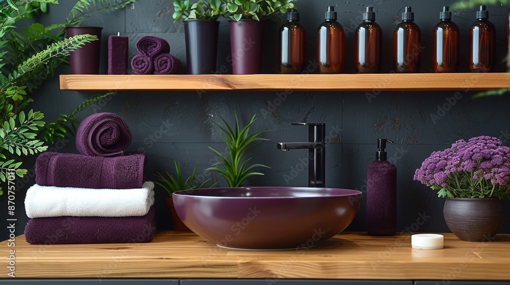 Elegant spa space with purple towels, decorative plants, and lotion bottles on a wooden shelf. This creates a cozy and relaxing atmosphere, perfect for spa treatments Elegant spa space with purple towels, decorative plants, and lotion bottles on a wooden shelf. This creates a cozy and relaxing atmosphere, perfect for spa treatments