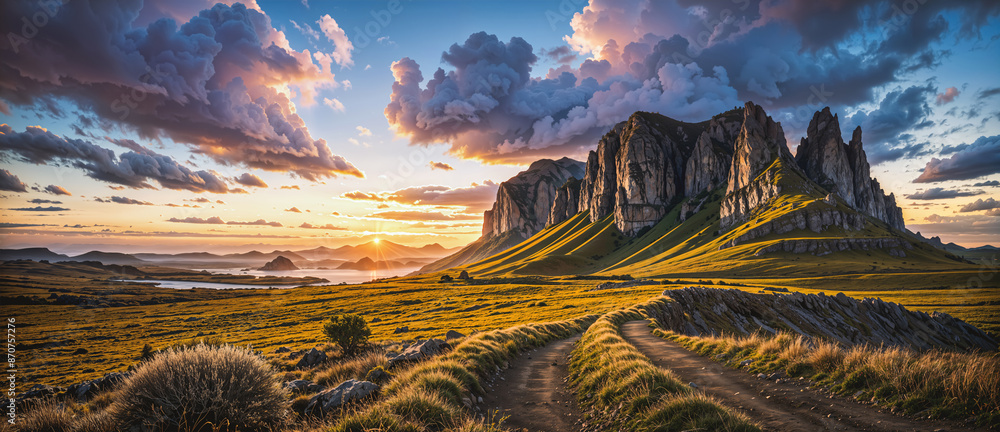 Epic landscape overlooking the valley in a mountainous area at sunrise. Nature landscape wallpaper, banner, panorama. Created using generative AI tools