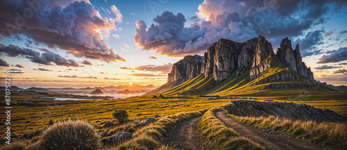 Obraz na płótnie Epic landscape overlooking the valley in a mountainous area at sunrise. Nature landscape wallpaper, banner, panorama. Created using generative AI tools w salonie