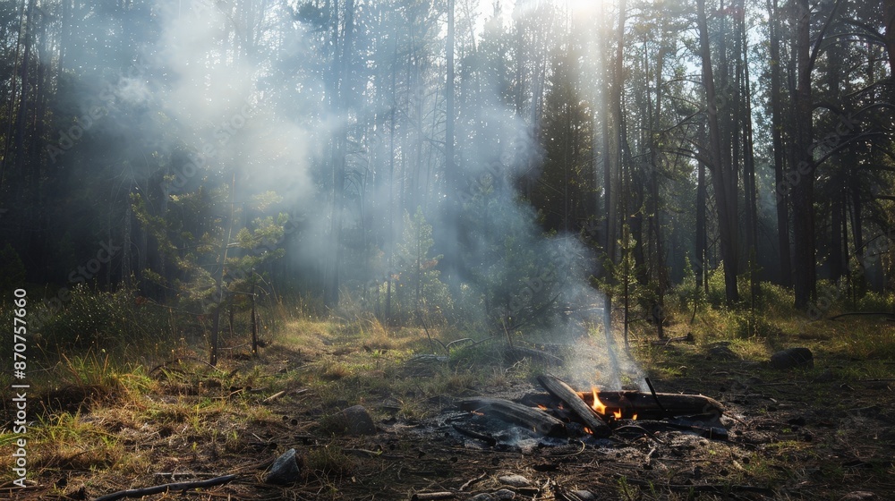 The campfire smoke wafts through the forest, blending with the scent of pine and earth.