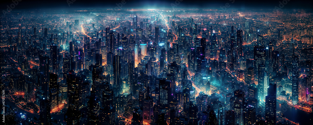 Cityscape, banner, panorama - aerial view of a big modern city at night timelapse with traffic and illuminated skyscrapers. Created using generative AI tools Cityscape, banner, panorama - aerial view of a big modern city at night timelapse with traffic and illuminated skyscrapers. Created using generative AI tools