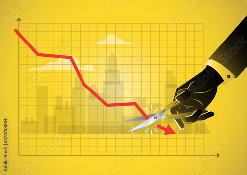 Businessman uses scissors to cut a stock market graph down