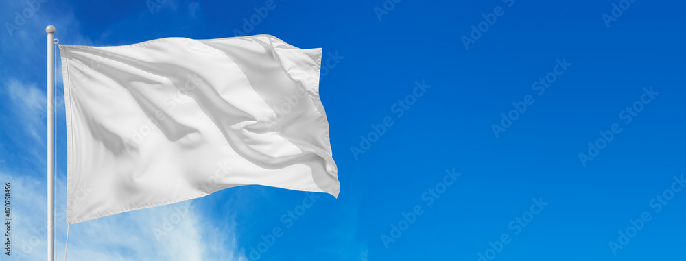 White flag waving in the wind on flagpole against the sky with clouds on sunny day, banner. Created using generative AI tools