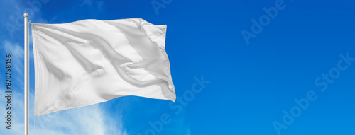 Obraz na płótnie White flag waving in the wind on flagpole against the sky with clouds on sunny day, banner. Created using generative AI tools w salonie